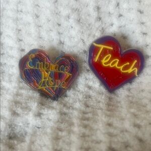 Penzeys hearts pins “Embrace Hope” and “Teach”